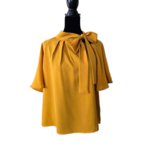 Elegant Tie Neck Ruffle Short Sleeve Mustard Yellow Blouse Women's Size Large